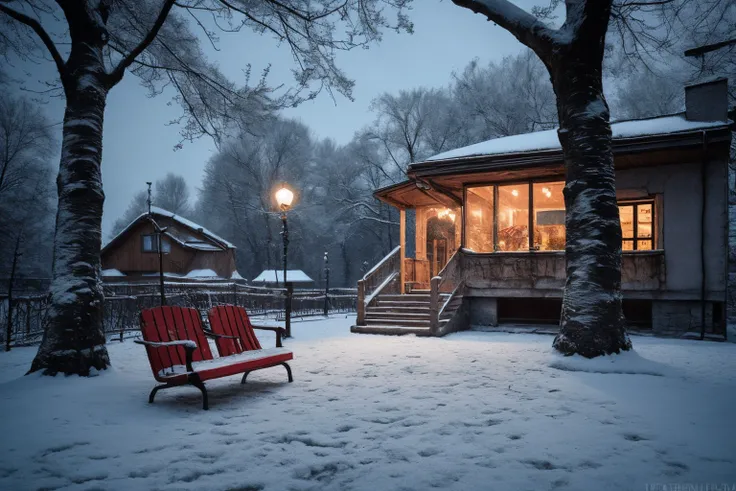 a romantic winter scene evoking nostalgic feelings, a reminder of childhood happiness, set in the 1980s somewhere in central europe