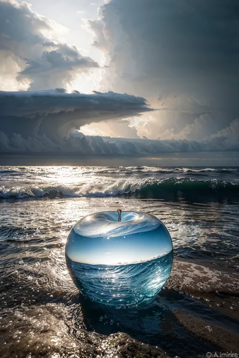 Imagine a photograph capturing an extraordinary and surreal subject: a transparent apple, crystal clear and perfectly formed, revealing a highly detailed, tumultuous miniature sea raging within. The apple sits boldly in the center of the frame, its smooth, glass-like surface reflecting light and offering a window into the dynamic scene inside. Within, the stormy sea is a marvel of miniaturization - tiny waves crest and crash with realistic ferocity, and if one looks closely, minute flashes of lightning and swirls of wind can be discerned, adding to the tempest's drama. The background of the photo is intentionally simple, perhaps a soft, neutral color or a subtle gradient, ensuring that all attention is drawn to the striking contrast between the serene exterior of the apple and the wild, chaotic seascape it contains. The lighting is key, illuminating the apple in a way that highlights the intricate details of the storm inside while maintaining the overall clarity and impact of the image.