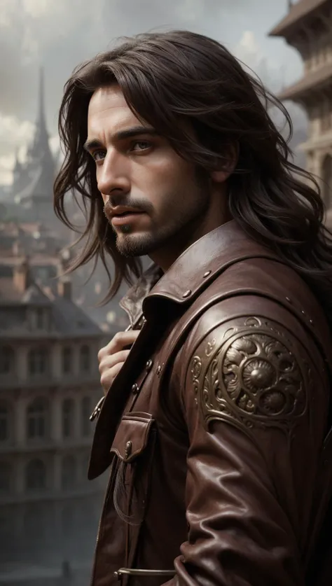 Claymation of a French Male, Layered hair, detailed, masterpiece, 800mm lens, Complex background, (fantasy art by Bastien Lecouffe-Deharme:1.1) , J.C. Leyendecker, close-up, cityscape, burly