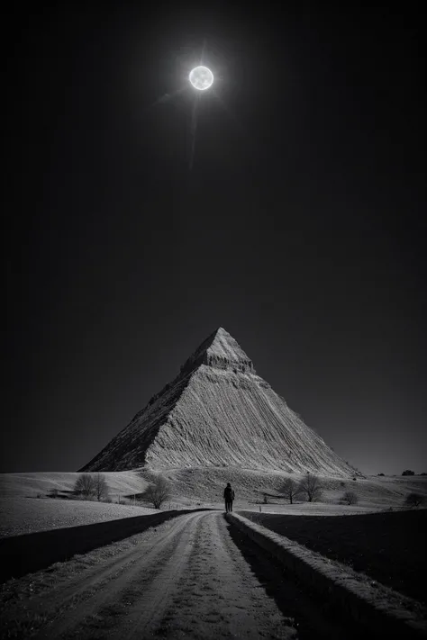 RAW photo, Great Pyramid of Giza centered, dramatic night sky, full moon shining brightly, moonlight casting glow on pyramid, stone walls framing left and right, (pathway with stones and debris), silhouetted figures standing, remnants of ancient civilization near figures, detailed textures on stone blocks, atmosphere of awe and historical significance, celestial night sky above, strong depth with converging walls, textures ranging from smooth to rough surfaces, story of timelessness and human history, grandeur and mystery of iconic monument, 8k uhd, dslr, soft lighting, high quality, film grain, Fujifilm XT3, <lora:add_detail:0.4>