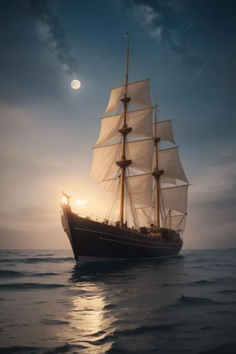 fantasy art by Ruan Jia, portrait art, 3D Rendering, "The moon, a silver boat, sails through the sea of stars, painting dreams on the night sky.", Golden ratio, at Blue hour, Villagecore, Selective focus, adobe lightroom, macabre, digital art, painterly