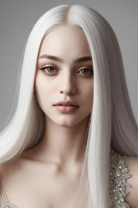 by Steven Meisel, portrait art, hyper detailed, Iraqi Female Valedictorian, the Valedictorian is Passionate, her hair is Platinum, Snowy, Orphism, Colorless, natural skin texture, girl, close-up, fashionable