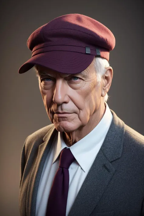 stylized by Lois van Baarle, digital art, detailed rendered in autodesk 3ds max of a Elderly Male, the Male is wearing a Cute Flat cap that was made by Intel, It is Mysterious, cinematic lighting, Violet detailed eyes, sweet