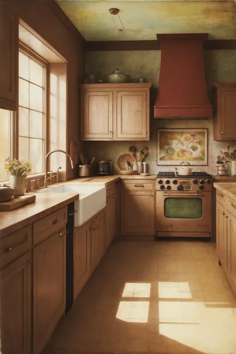Bromoil print, Vibrant (Kitchen:1.2) , Spring, 80mm, Vivid Colors, art by Tom Jung, Painterly effects, sepia tones, textured surfaces, rich contrasts, expressive brushwork, tonal variations, vintage aesthetic, atmospheric mood, handmade quality, artistic experimentation, darkroom craftsmanship, vignetting, creative, surrealism, upper class