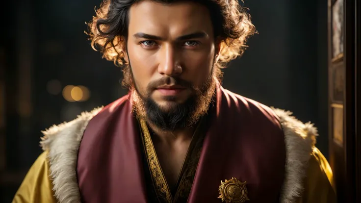 shoulder-level shot of a 1800'S Brilliant midweight Cossack Man, he is electric yellow skin, in focus, [art by Dan Mumford, Tran Nguyen:7], Romantic, intricate background, K-pop, studio lighting, Depth of field 270mm