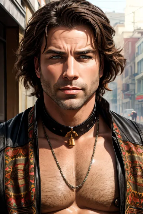 Upper body portrait of Rugged Male John Travolta, Drill Bald hair, pale skin, purple eyes, black squares under eyes, tribal war costume, intricate, detailed face. by Ilya Kuvshinov and Alphonse Mucha. Dreamy, sparkles, <lora:more_details:0.8>, maximum details, maximum details background