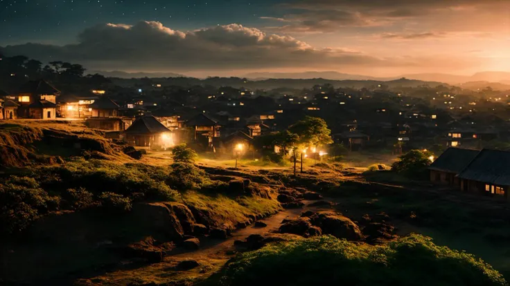 landscape of a Old Galle from inside of a Hostel, Stars in the sky, Anime screencap, Sci-Fi, Zoom lens, Concept Art World