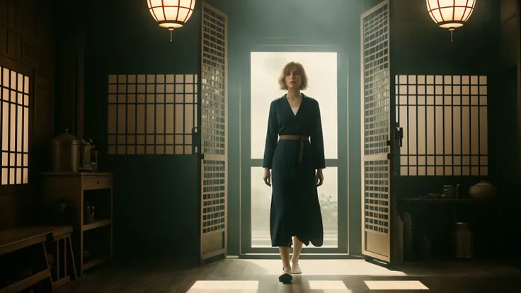 Cinematic still, Honorable fit Carrie Brownstein inside a Machine, her hair is Blonde, at Dawn, in focus, Tranquil, Shin Hanga, Kinemacolor, by Studio Ghibliy