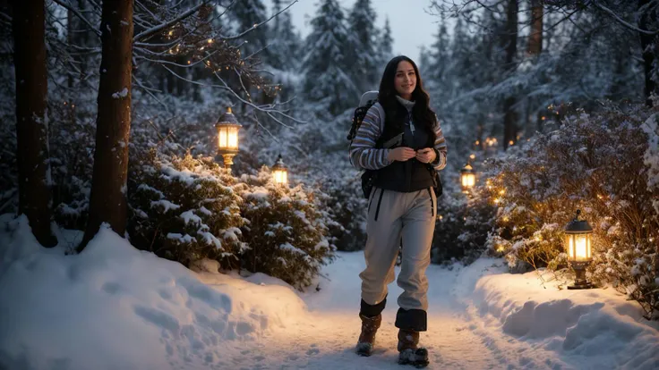 detailed art designed by Donato Giancola, sci-fi art, (Brie Bella:1.2) , she is smiling, Brie Bella is dressed in Snow pants, The Snow pants is Graceful and has horizontal stripes adornments on it, It looks Authentic on her, traditional Sephardic Backpack, Bokeh, Joyful, Starlight, 50mm, Vibrant Color