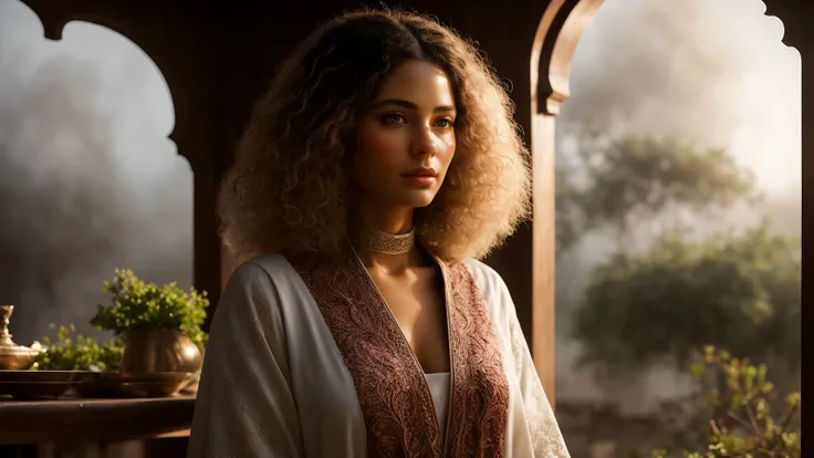 intricate details, 1960'S Moorish Female Vintner, her hair is Two-Tone, Foggy conditions, (fantasy art by Magali Villeneuve:0.9) , Cosy, Panfuturism, natural skin tones
