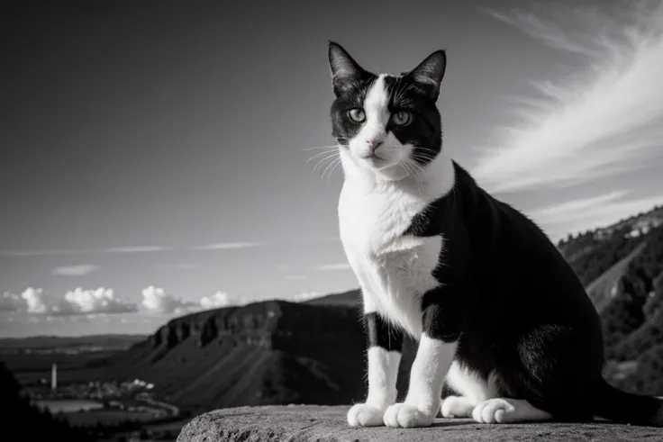 1cat, beautiful, fetching,  (best quality, masterpiece), monochrome, highres, ultra high res, professional, realistic, hyper-realism, (photorealistic:1.4), vivid detail, absurdres, ultra detailed, extremely detailed, hyper detailed, intricately detailed, fine detail, HDR, UHD, 64K, simple background, natural lighting, High Angle, Long Exposure Photography,