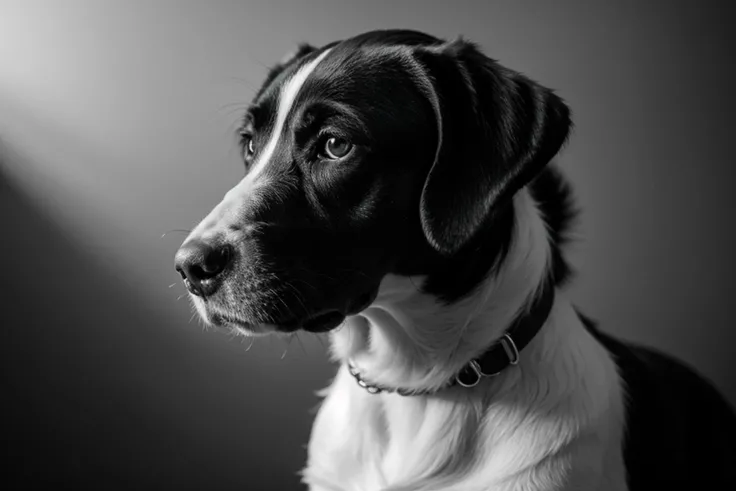 1dog, beautiful, comely, (best quality, masterpiece), monochrome, highres, ultra high res, professional, realistic, hyper-realism, (photorealistic:1.4), vivid detail, absurdres, ultra detailed, extremely detailed, hyper detailed, intricately detailed, fine detail, HDR, UHD, 64K, simple background, natural lighting, Crane Shot, High-Speed Photography,