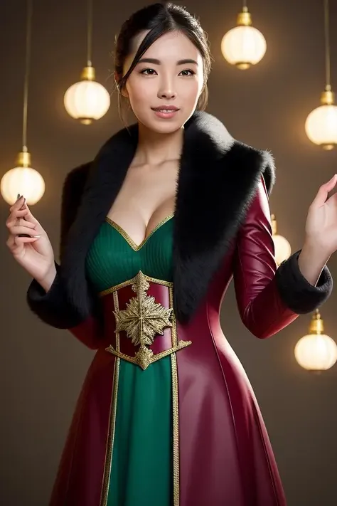 a beautiful empress portrait, smiling, happy, short hair, perfect brown eyes, with a brilliant, clothes Santa robes, everything Christmas, snow, symmetrical, dramatic studio lighting, rococo, baroque, greens, asian, hyperrealism, closeup, D&D, fantasy, intricate, elegant, highly detailed, digital painting, artstation, octane render, 8k, concept art, matte, sharp focus