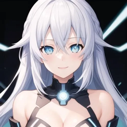 (masterpiece, best quality:1.2),illustration,8k,hd,1girl,solo,upper body,(portrait:1.2),bare shoulders,black heart,blue eyes,cleavage,gloves,leotard,medium breasts,neptune (series),power symbol,smile,symbol-shaped pupils,very long hair,white hair,<lora:Noire(black heart)>,