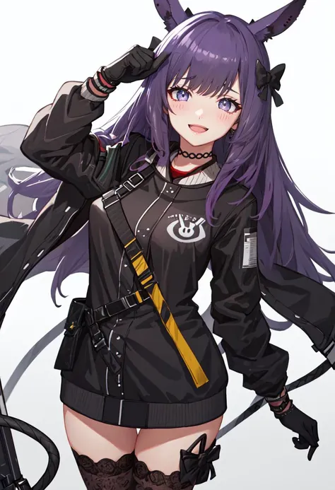 best quality, masterpiece, highres, solo, (rope_arknights:1.10), 1girl, black gloves, black jacket, long sleeves, looking at viewer, black thighhighs, choker, holding, open mouth, simple background, blush, cowboy shot, white background, purple eyes, :d, oripathy lesion (arknights), 1 <lora:rope_arknights:0.80>