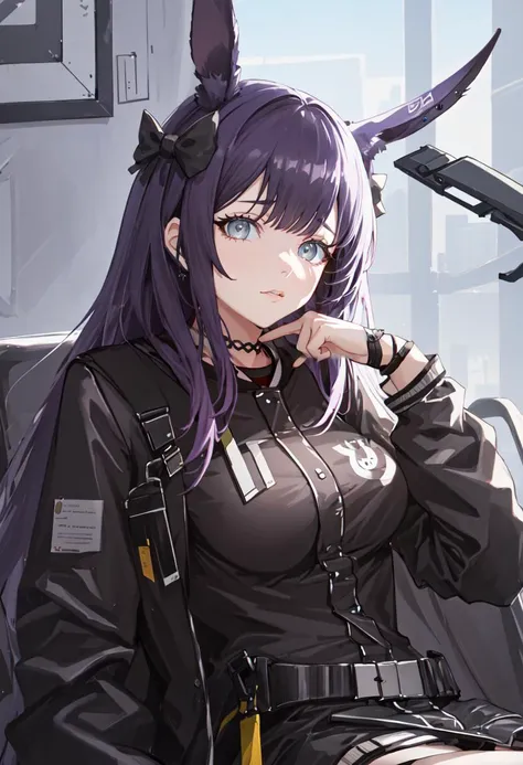 (safe:1.10), best quality, masterpiece, highres, solo, (rope_arknights:1.10), sitting, sitting on chair, chair, cowboy shot, looking at viewer, 28 <lora:rope_arknights:0.80>