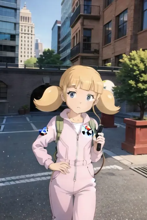 anime screencap, masterpiece,  nice hands, best quality, 1girl, penny, blonde hair, twintails, blunt bangs, flat chest, <lora:Penny:1>, ghostbuster uniform, protopack, jumpsuit, new york city background, outdoors