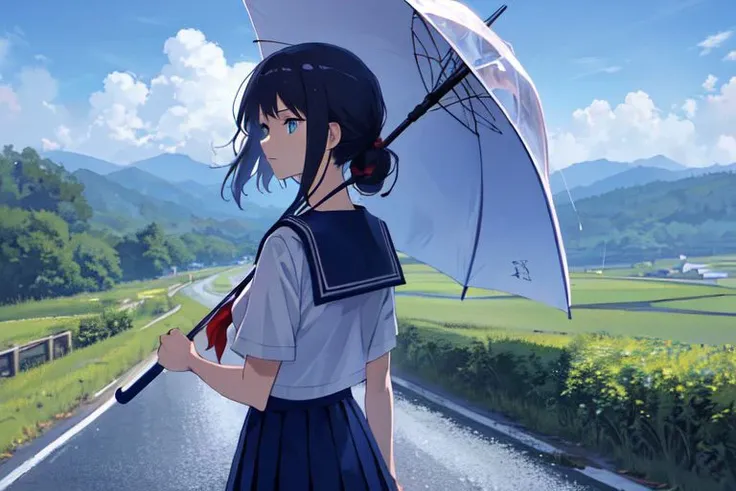 (masterpiece:1.4), 4K8K, (anime style), (high shutterspeed:1.1), (sharp edges),
phblue, scenery, blue theme,
Sailor girl in sailor uniform holding an umbrella in the rain
Road in the Japanese countryside, from behind,
(looking away:1.3), cowboy shot,
(Detailed face, Detailed eyes),