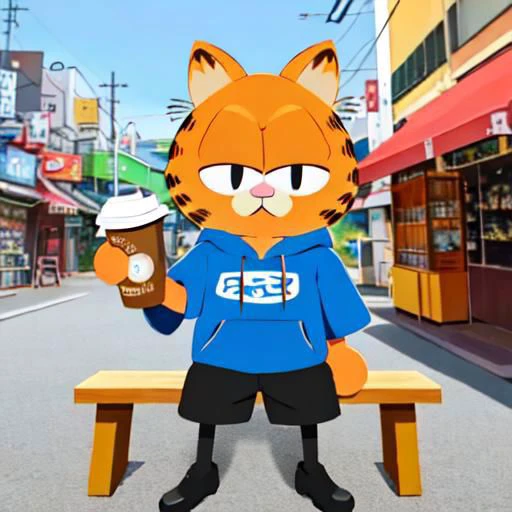 masterpiece-anatomy-perfect, best quality, vibrant, pastel, kawaii, cute, wholesome, 1boy, otoko no ko, necoarc, human, :3, garfield, cat boy, slit pupils, cat ears, orange hair, black eyes, pink nose, eyeliner, chibi, solo, hoodie, long sleeves, long shorts, pantyhose, crocs, green backpack, sitting, bench, holding cup of coffee, looking towards viewer, morning, clear blue sky, no animals, landscape is near a newspaper stand in the heart of Seoul, South Korea