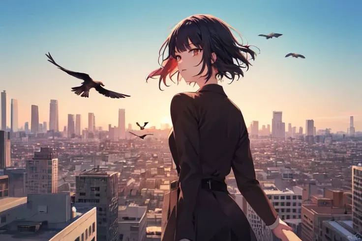 nsfw, (masterpiece:1.4), 4K8K, (anime style), (high shutterspeed:1.1), (sharp edges),
watercolor painting style of crows flying sky,
pov from looling up for sky, flying, crows,
A flock of crows covering the sky,
City at Sunset from below