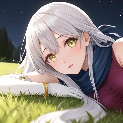 masterpiece,best quality, 1girl,solo,beautiful face, (close up:1), black short hair, side profile, nature,backlinghting, bokeh,depth of field,
, masterpiece,best quality,1girl,ultra high detailed face,landscape,fantasy,adventurer, lying on the grass with the night sky in the background, clear yellow eyes,  ((white hair)), visible face, <lora:fireemblem_micaiah-10:1>, micaiah \(fire emblem\), hair ribbon, sleeveless dress, pantyhose, elbow gloves, jewelry, bracelet, scarf, belt