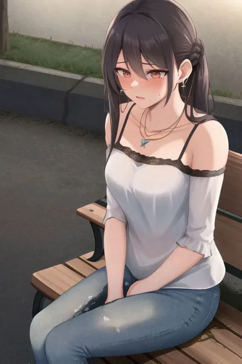 <lora:xl-test1-epoch-000090:1> 1girl, solo, sitting on bench, wetting self, skinny pants, toned legs, shining pee stain, necklace, earrings, dip dyed wavy hair, outdoors, alley, holding crotch:1.3), knees together, torogao, nervous, looking at floor, (night, dark, dimly lit:1.1), masterpiece, best quality, eyeliner, long hair, close up view, blouse, tube top, light tan skin
