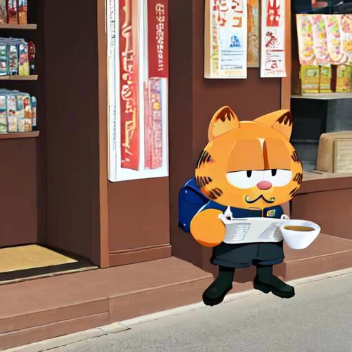 masterpiece-anatomy-perfect, best quality, vibrant, pastel, kawaii, cute, wholesome, 1boy, otoko no ko, necoarc, :3, garfield, cat boy, slit pupils, cat ears, orange hair, black eyes, eyeliner, chibi, solo, hoodie, long sleeves, long shorts, pantyhose, crocs, green backpack, sitting, bench, holding cup of coffee, looking towards viewer, morning, clear blue sky, no animals, landscape is near a newspaper stand in the heart of Seoul, South Korea