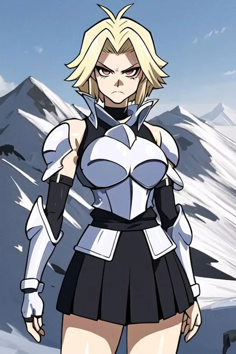 anime, ygoDTandDLstyle, woman, goth, blonde, short hair, red eyes, evil witch, white knight armor, black skirt, long armor boots, serious face,