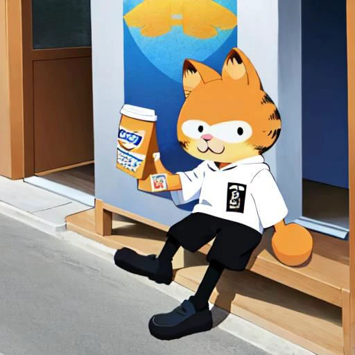 masterpiece-anatomy-perfect, best quality, vibrant, pastel, kawaii, cute, wholesome, 1boy, otoko no ko, necoarc, human, :3, garfield, cat boy, slit pupils, cat ears, orange hair, black eyes, pink nose, eyeliner, chibi, solo, hoodie, long sleeves, long shorts, pantyhose, crocs, green backpack, sitting, bench, holding cup of coffee, looking towards viewer, morning, clear blue sky, no animals, landscape is near a newspaper stand in the heart of Seoul, South Korea