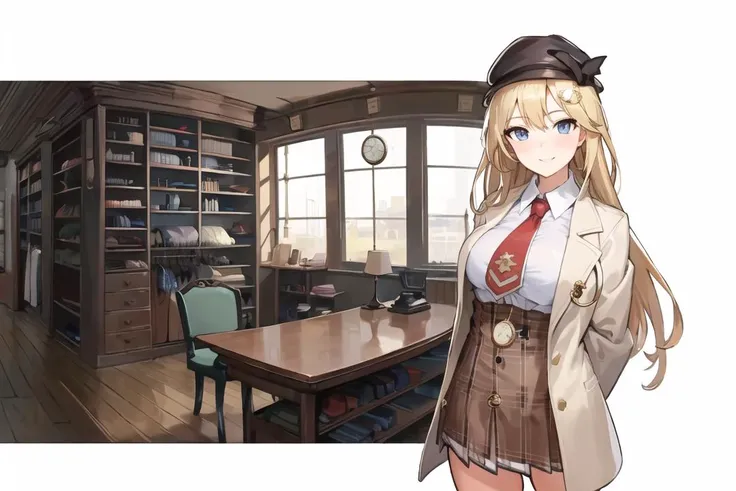 masterpiece, best quality, ultra-detailed, illustration,perfect anatomy, <lora:standingFullBodyWithBackgroundStyle_v10Offset:1>,(panorama:1.8), (white background:1.3),(study room),(bookshelves),((floor lamp)),((closets)),1girl, solo, <lora:ameliaWatsonHololive_v1:0.8>,excellent anatomy,(((arm behind back))) ,hair ornament, detailed clothes, detailed shirt,(white shirt), red necktie, plaid skirt, high-waist skirt, coat,brown coat, deerstalker, detective, stethoscope, boots,long boots ,(pocket watch), black footwear, seductive smile, medium breasts