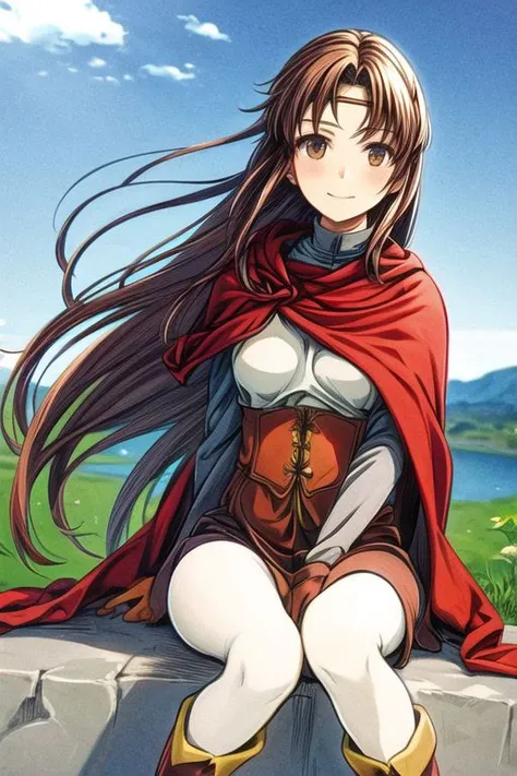 Odessa, masterpiece, anime screencap, 1 girl, solo, brown hair, long hair, smile, circlet, pants, cape, armor, sitting, closeup, hand on hair, hair on wind, full body, outdoors, cliff