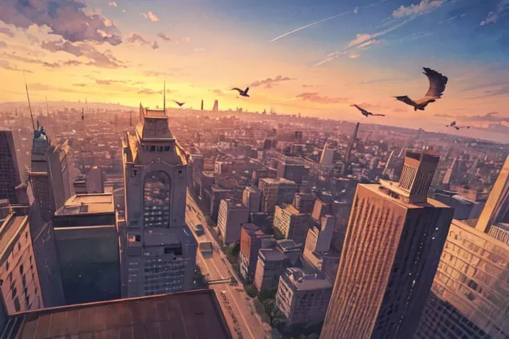 nsfw, (masterpiece:1.4), 4K8K, (anime style), (high shutterspeed:1.1), (sharp edges),
watercolor painting style of crows flying sky,
pov from looling up for sky, flying, crows,
A flock of crows covering the sky,
City at Sunset from below