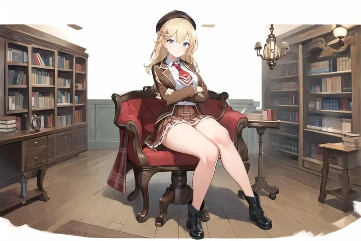 masterpiece, best quality, ultra-detailed, illustration,perfect anatomy, <lora:standingFullBodyWithBackgroundStyle_v10Offset:1>,(panorama:1.5), (white background:1.2),(study room),(bookshelves),(floor lamp),(closets),1girl, solo, <lora:ameliaWatsonHololive_v1:0.8>,excellent anatomy,(((arms crossed))) ,hair ornament, detailed clothes, shirt,white shirt, red necktie, plaid skirt, high-waist skirt, coat,brown coat, deerstalker, detective, stethoscope, boots,long boots ,pocket watch, black footwear, seductive smile, medium breasts