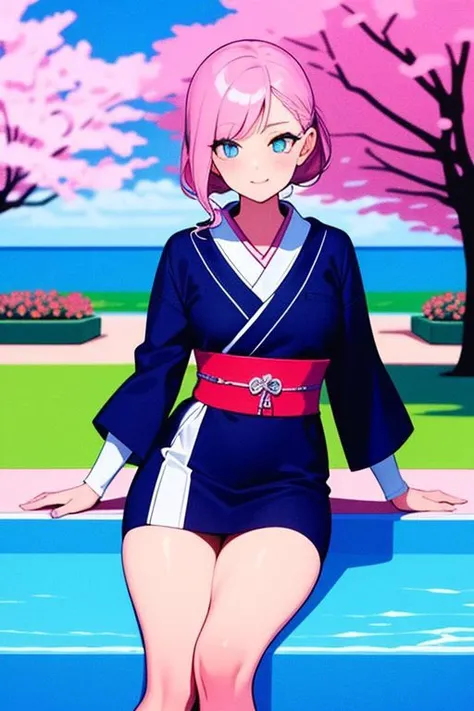 masterpiece, best quality, beautiful detailed eyes, ultra-detailed, finely detail, highres, perfect anatomy, colorful, Pastel Colors, HiroshiNagai, pool, summer, sea, sky, cherry blossoms, palm, japan,