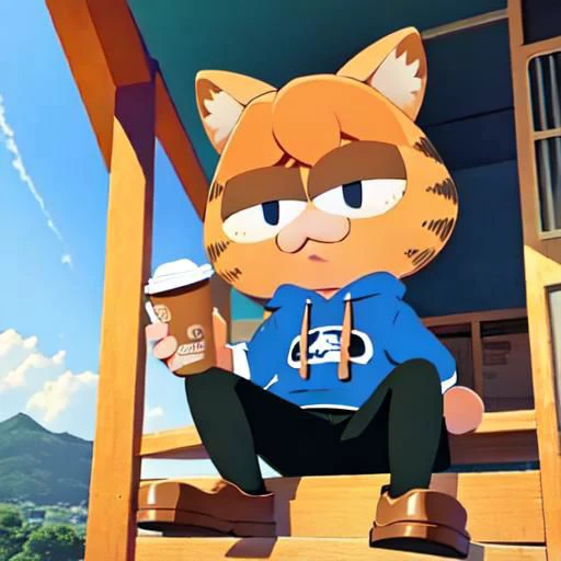 masterpiece-anatomy-perfect, best quality, vibrant, pastel, kawaii, cute, wholesome, 1boy, otoko no ko, necoarc, :3, garfield, cat boy, slit pupils, cat ears, orange hair, black eyes, eyeliner, chibi, solo, hoodie, long sleeves, long shorts, pantyhose, crocs, green backpack, sitting, bench, holding cup of coffee, looking towards viewer, morning, clear blue sky, no animals, landscape is near a newspaper stand in the heart of Seoul, South Korea