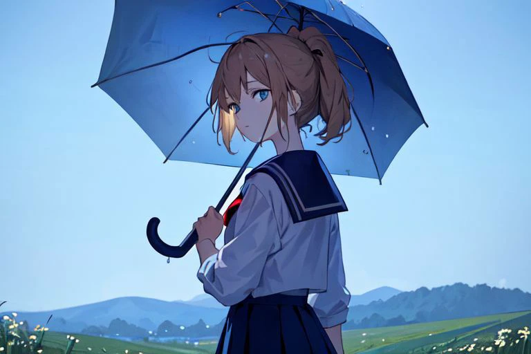 (masterpiece:1.4), 4K8K, (anime style), (high shutterspeed:1.1), (sharp edges),
phblue, scenery, blue theme,
Sailor girl in sailor uniform holding an umbrella in the rain
Road in the Japanese countryside, from behind,
(looking away:1.3), cowboy shot,
(Detailed face, Detailed eyes),