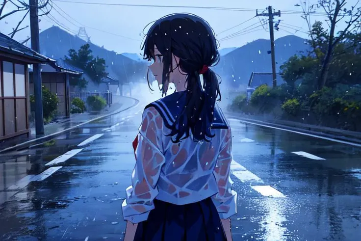 (masterpiece:1.4), 4K8K, (anime style), (high shutterspeed:1.1), (sharp edges),
phblue, scenery, blue theme,
Sailor girl in sailor uniform in the rain, wet
Road in the Japanese countryside, from behind,
(looking away:1.3), cowboy shot,
(Detailed face, Detailed eyes),