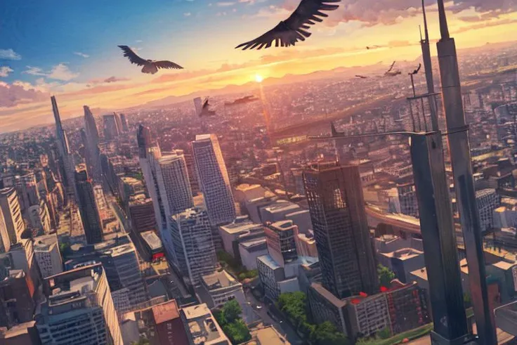 nsfw, (masterpiece:1.4), 4K8K, (anime style), (high shutterspeed:1.1), (sharp edges),
watercolor painting style of crows flying sky,
pov from looling up for sky, flying, crows,
A flock of crows covering the sky,
City at Sunset from below