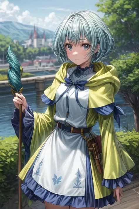 best quality, (masterpiece:1.2), highly detailed, forest, castle,
1girl, solo, <lora:chara_GATEJietai_LeleiLaLalena_v1:0.8>, lelei la lalena,
standing, looking at viewer,
blue eyes, blue hair, short hair, standard dress, necklace, robe, hood, blue belt, blue ribbon, holding staff