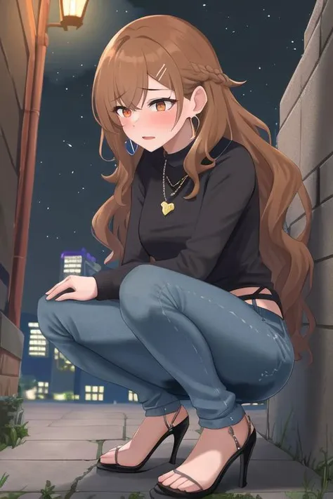 <lora:xl-test1-epoch-000090:1> 1girl, solo, squatting, wetting self, skinny pants, heels, necklace, earrings, brown wavy hair, outdoors, alley, relieved, torogao, (night, dark, dimly lit:1.1), masterpiece, best quality