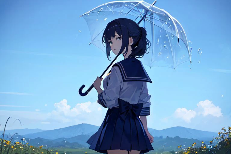 (masterpiece:1.4), 4K8K, (anime style), (high shutterspeed:1.1), (sharp edges),
phblue, scenery, blue theme,
Sailor girl in sailor uniform holding an umbrella in the rain
Road in the Japanese countryside, from behind,
looking away, cowboy shot,
(Detailed face, Detailed eyes),