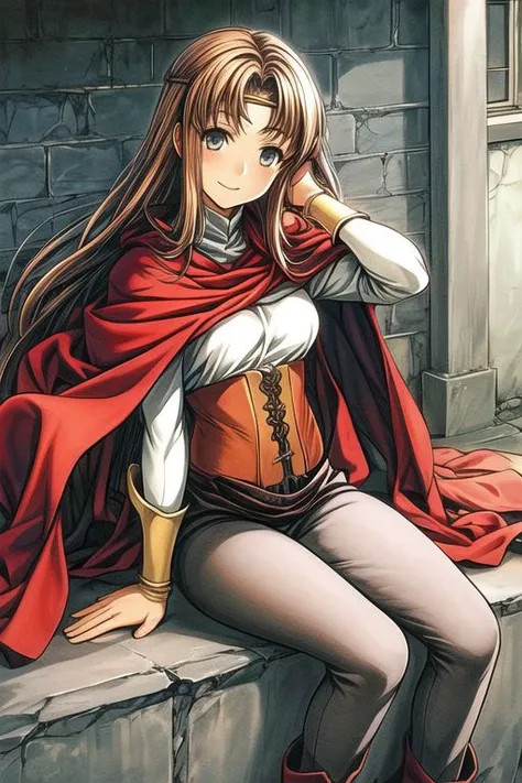 Odessa, masterpiece, anime screencap, 1 girl, solo, brown hair, long hair, smile, circlet, pants, cape, armor, sitting, closeup, hand on hair, hair on wind, full body, outdoors, cliff