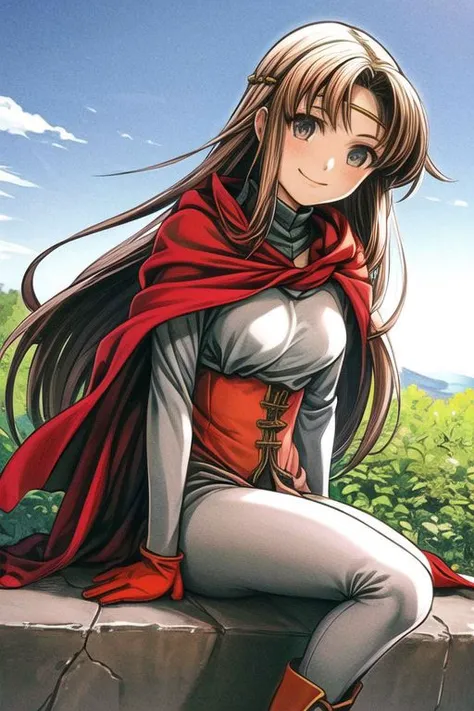 Odessa, masterpiece, anime screencap, 1 girl, solo, brown hair, long hair, smile, circlet, pants, cape, armor, sitting, closeup, hand on hair, hair on wind, full body, outdoors, cliff