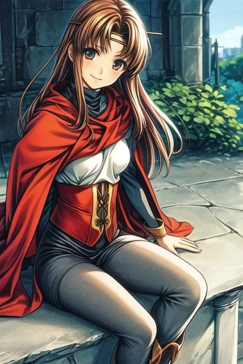 Odessa, masterpiece, anime screencap, 1 girl, solo, brown hair, long hair, smile, circlet, pants, cape, armor, sitting, closeup, hand on hair, hair on wind, full body, outdoors, cliff