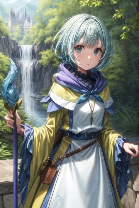best quality, (masterpiece:1.2), highly detailed, forest, castle,
1girl, solo, <lora:chara_GATEJietai_LeleiLaLalena_v1:0.8>, lelei la lalena,
standing, looking at viewer,
blue eyes, blue hair, short hair, standard dress, necklace, robe, hood, blue belt, blue ribbon, holding staff