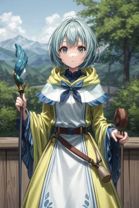 best quality, (masterpiece:1.2), highly detailed, forest, castle,
1girl, solo, <lora:chara_GATEJietai_LeleiLaLalena_v1:0.8>, lelei la lalena,
standing, looking at viewer,
blue eyes, blue hair, short hair, standard dress, necklace, robe, hood, blue belt, blue ribbon, holding staff