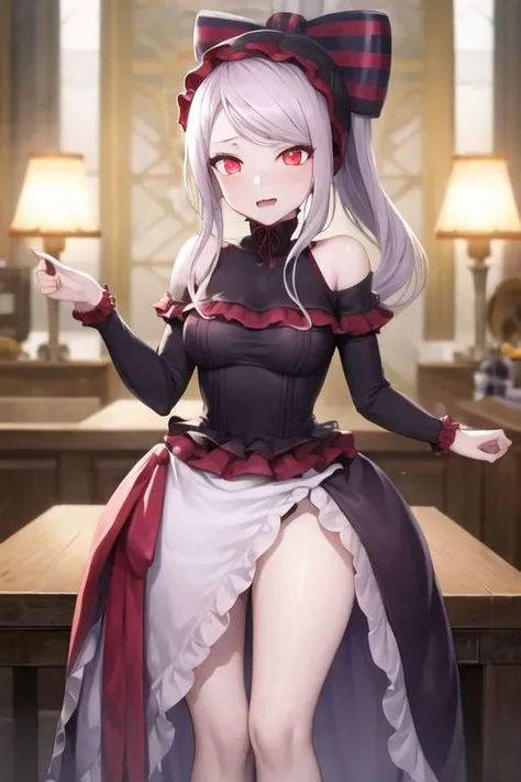 masterpiece, best quality, ShalltearV4, 1girl, solo, dress, frills, bow, hair bow, fang, pale skin, glowing, glowing eyes