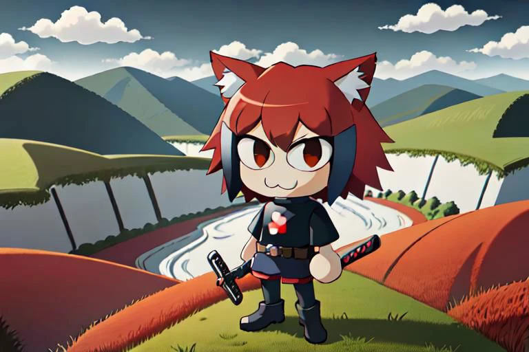 masterpiece-anatomy-perfect, 2-D, anime, best quality, vibrant, kawaii, cute, DeadpoolStyle, 1girl, cat ears, red hair, red turtleneck, long sleeves, black skirt, pantyhose, black belt, holster, black boots, necoarc, :3, chibi, solo, twin katanas on back, wielding twin pistols, photo bomb, landscape is the Bliss wallpaper of Windows xp