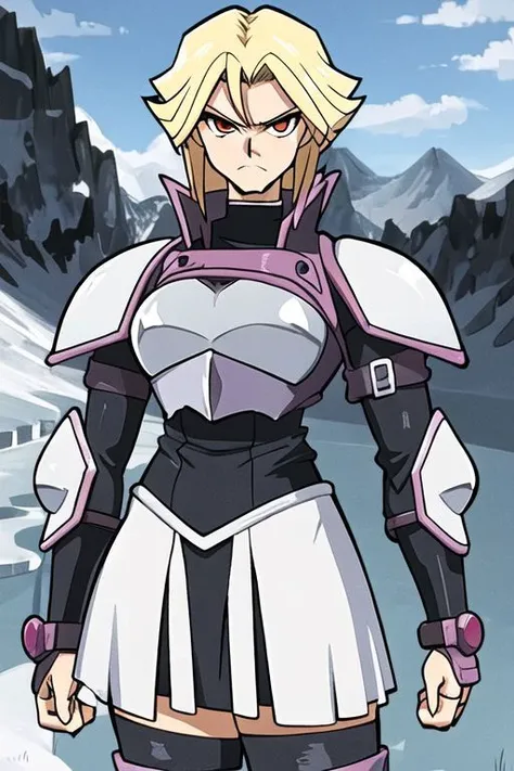 anime, ygoDTandDLstyle, woman, goth, blonde, short hair, red eyes, evil witch, white knight armor, black skirt, long armor boots, serious face,