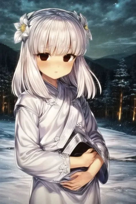 KannaIY, (masterpiece, best quality, extremely detailed CG, beautiful detailed eyes, ultra-detailed, intricate details:1.2), 8k wallpaper, elaborate features, glistening shiny, glowing light, ray tracing, HDR, deph of field, (perfect face, detailed face, detailed eyes), beautiful lips, 8k, HD, perfect lighting, glowing eyes, ((looking at viewer)), ((beautiful detailed eyelashes)), (full-face blush), (hip dips: 1.6), (perfect fingers), ((panorama)), bedroom, solo: 1.2, 1girl, ite girl, kanna (inuyasha), (black eyes), white hair, long hair, blunt bangs, hair flower, hair ornament, japanese clothes, white kimono, wide sleeves, long sleeves, Sitting, Real light and shadow, anime face, 4k, 8k, wallpaper,epic, detail texture, (black eyes:1.5), ((((white hair:1.35, medium hair)))),intricate eyes,beautiful detailed eyes,symmetrical eyes,big eyes:1.5,(((lustrous skin:1.5,bright skin: 1.5,skin tanned,shiny skin,very shiny skin,shiny body,plastic glitter skin,exaggerated shiny skin,illuminated skin))),(detailed body,(detailed face)), cute, erotic,daring, (((medieval armor,adventurer armor,winter coat))),(((intricate outfit,intricate clothes, embroidered outfit,ornate outfit,embroidered clothes,ornate armor))), (centered,scale to fit dimensions,Rule of thirds), ((snowy pine forest at night)), with dark stormy clouds,winter,scenery:1.25,(ultra detailed,extremely detailed),(photorealistic artwork:1.37),(extremely detailed CG unity 8k wallpaper),(((vibrant colors,vibrant theme))),